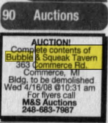 Bubble & Squeak Tavern - Apr 6 2008 Auction For Contents